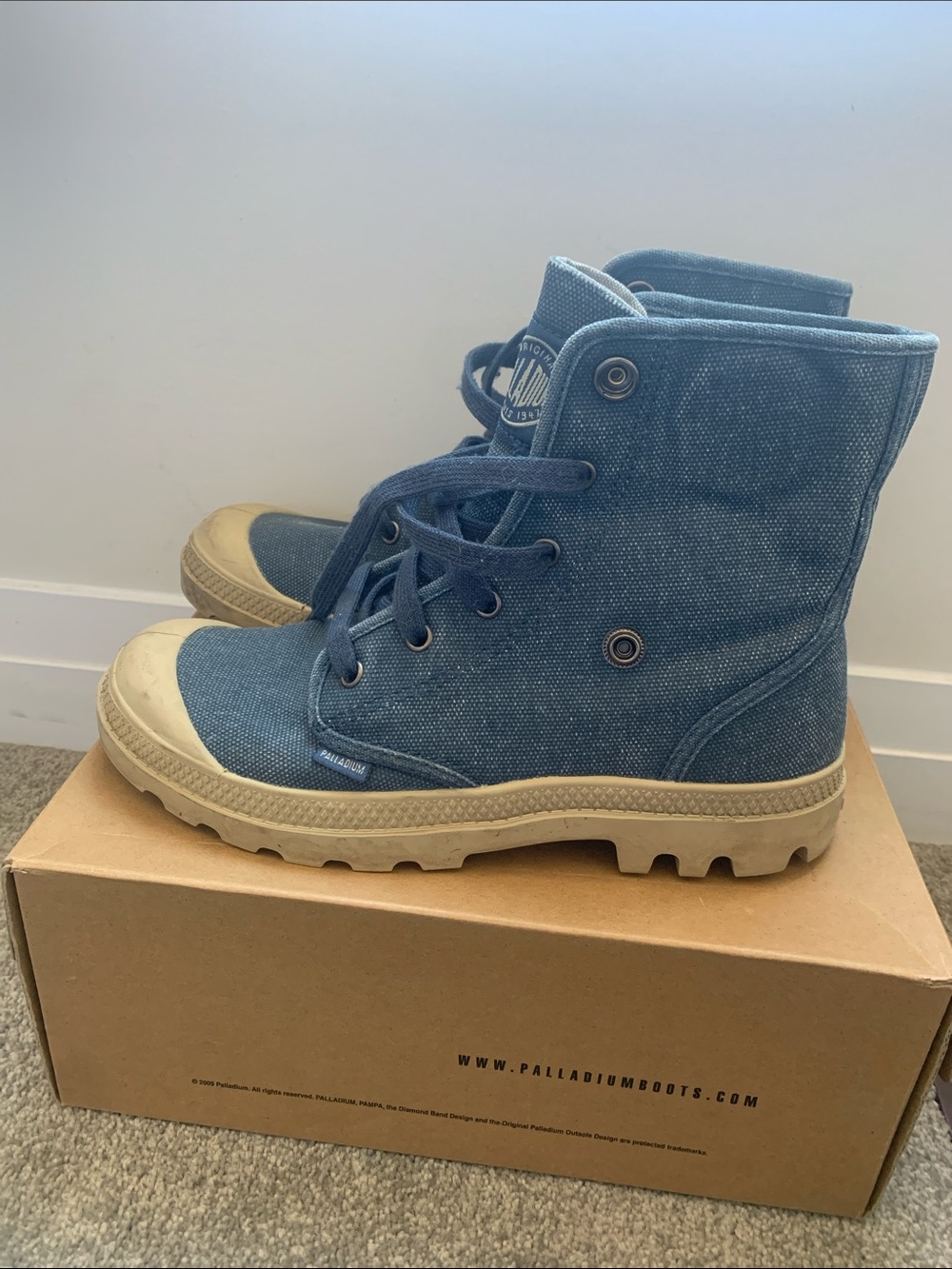 Palladium Denim Blue Canvas High-Top Ankle Boots with Tan Sole